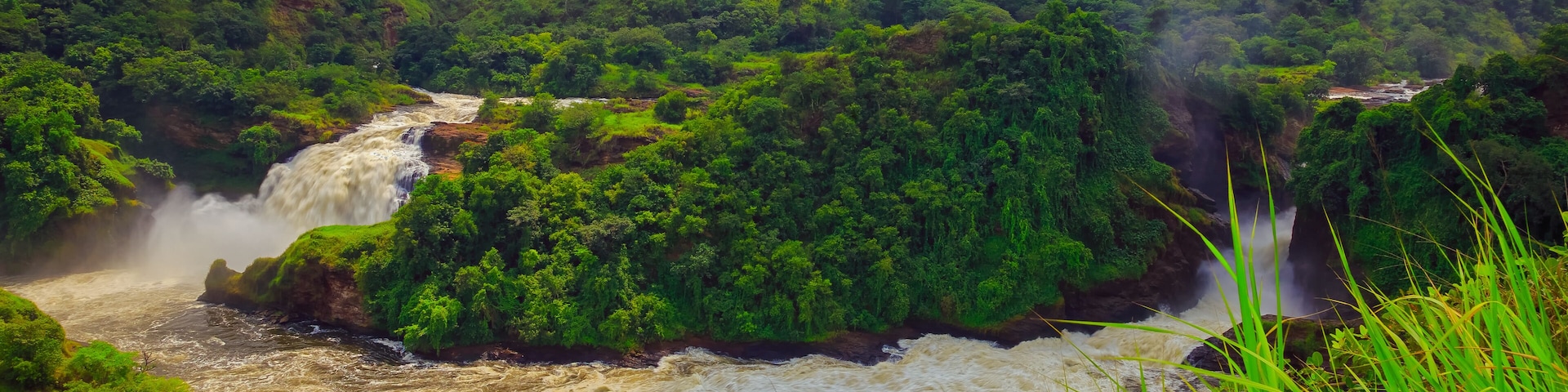 Murchison Falls and Uhuru Falls on the White Nile River in Northern Uganda, seen in a single frame.