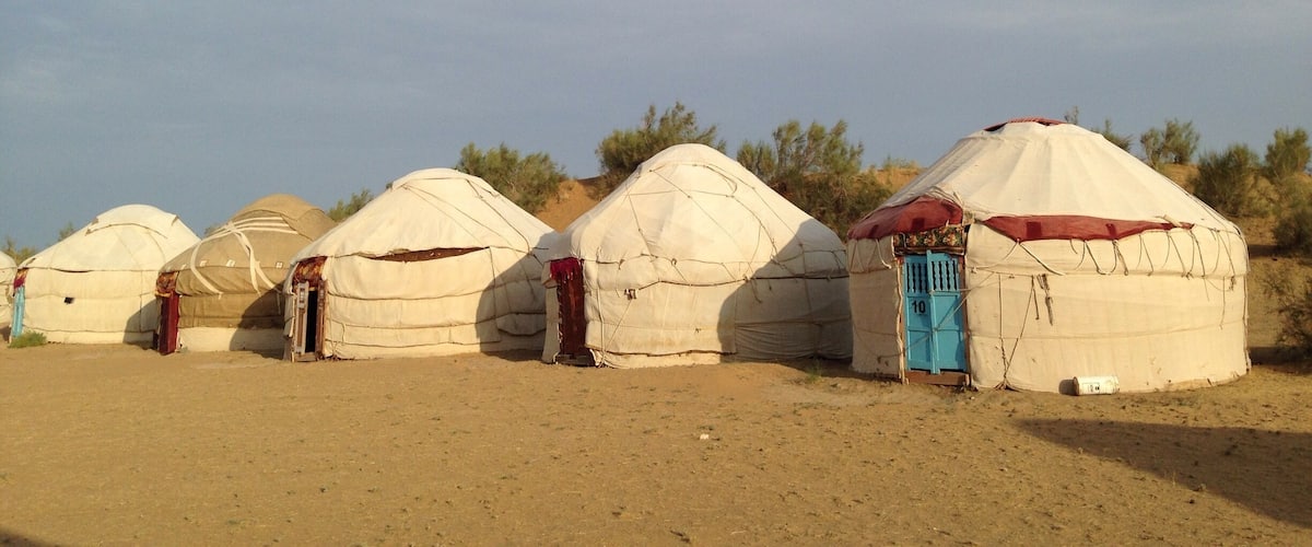 I know Mongolian gers quite well now. These yurts in the desert to the north of Uzbekistan are similarly constructed from layers of felt around poles. The inside is decorated very sparsely with thin mattresses on the carpet.