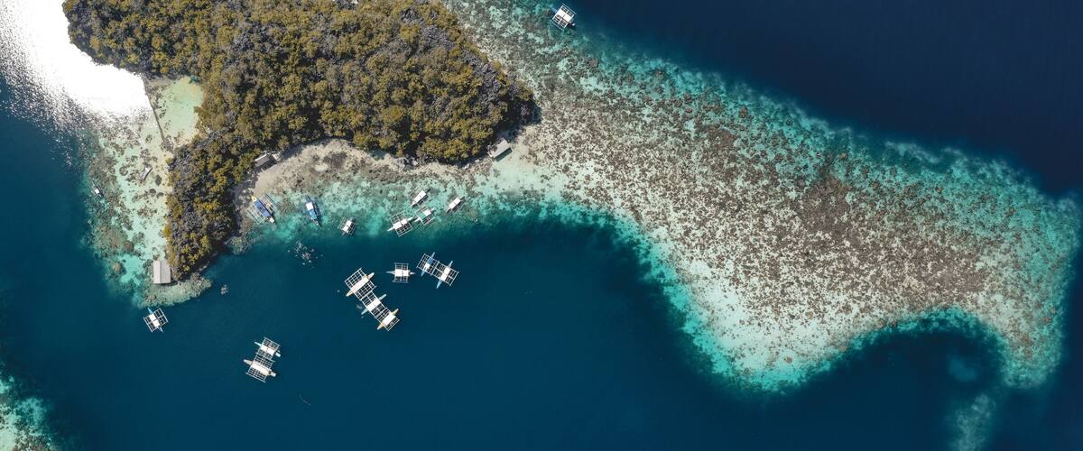 An aerial view of a tropical island with clear turquoise waters, a dense forested area, and several boats anchored near the shore.