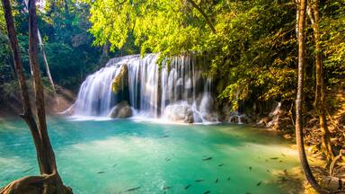Erawan Waterfall in National Park, Thailand,Blue emerald color waterfall