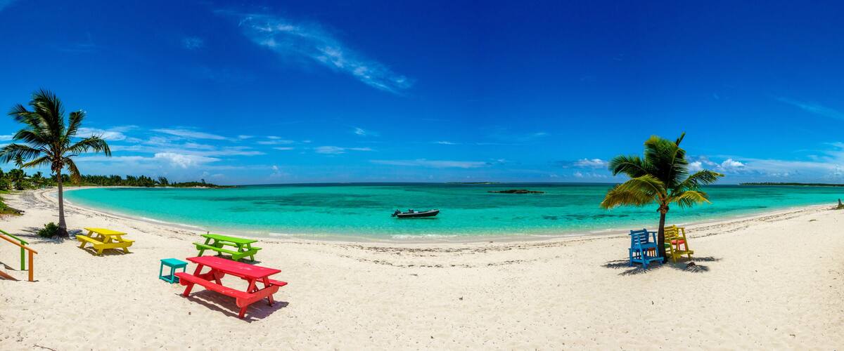 A beach with turquoise water, palm trees, and colorful picnic tables.