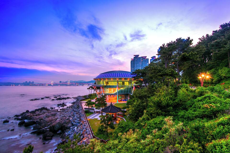 A coastal landscape with a brightly lit building, a bridge, and a forested area.