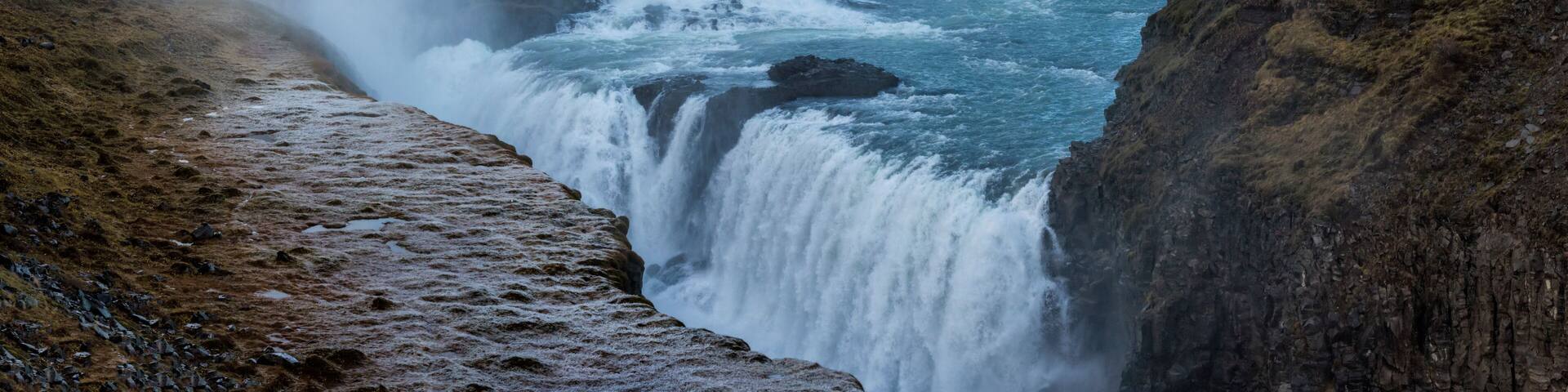 Landscape with Gullfoss waterfall and steam. Hrunamannahreppur, Arnessysla, Sudurland, Iceland, Europe.