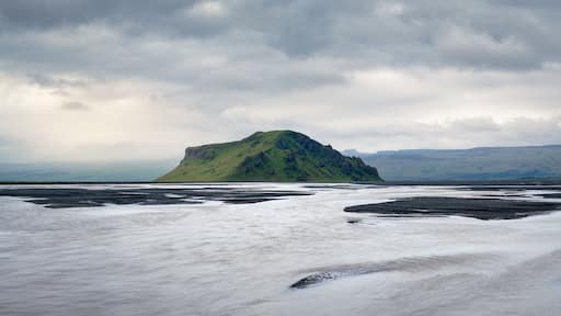 Low-angle view of large riverbed near Seljalandsfoss waterfall, Rangárþing eystra, Southern Iceland