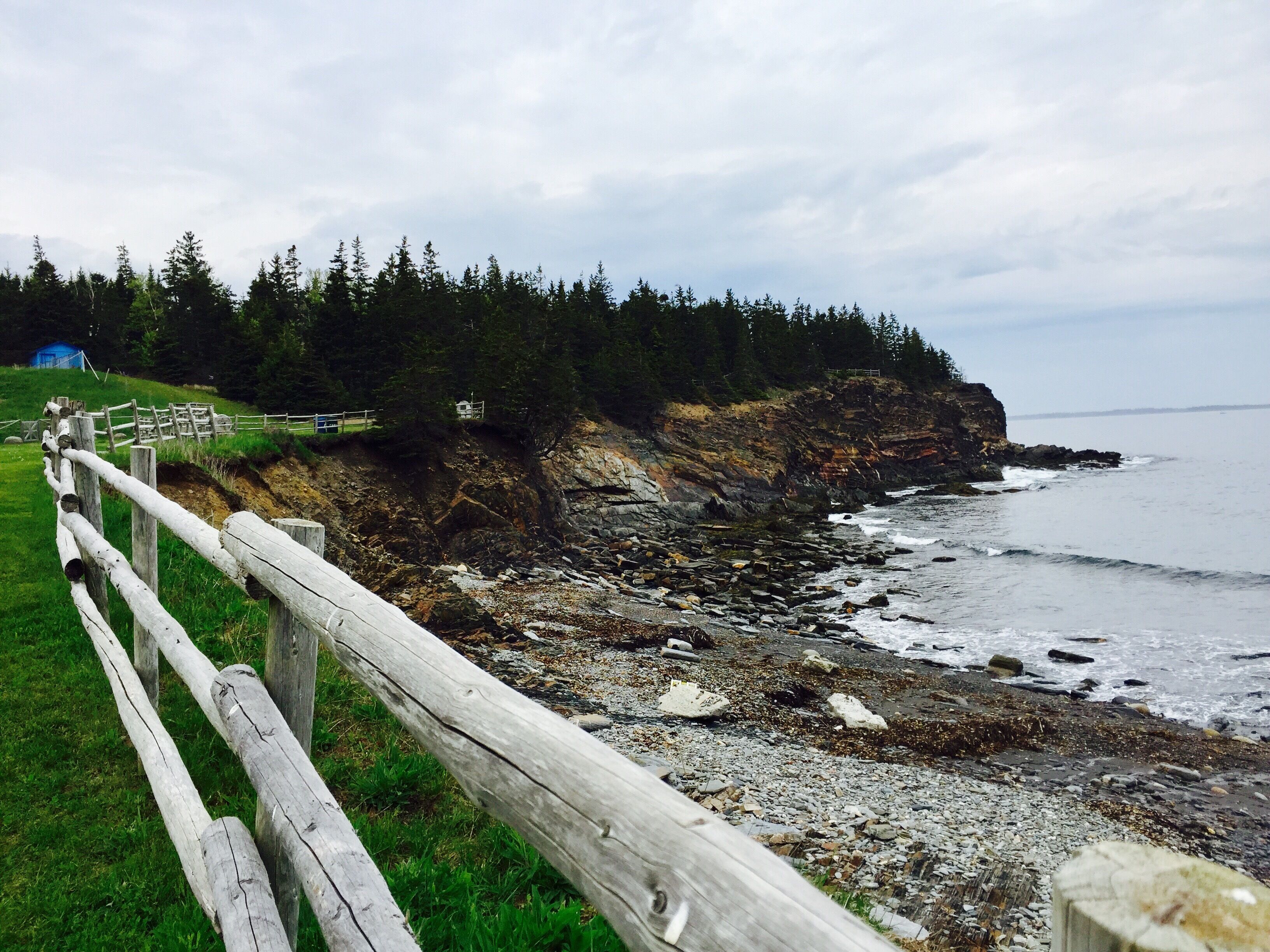 A rocky shoreline with a wooden fence, a forested cliff, and a distant view of the ocean.