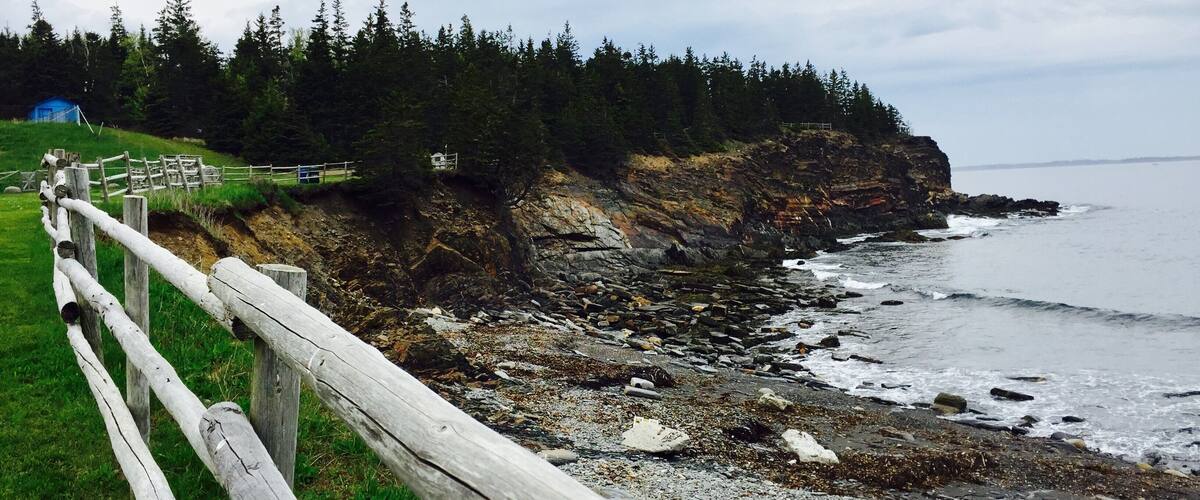 A rocky shoreline with a wooden fence, a forested cliff, and a distant view of the ocean.