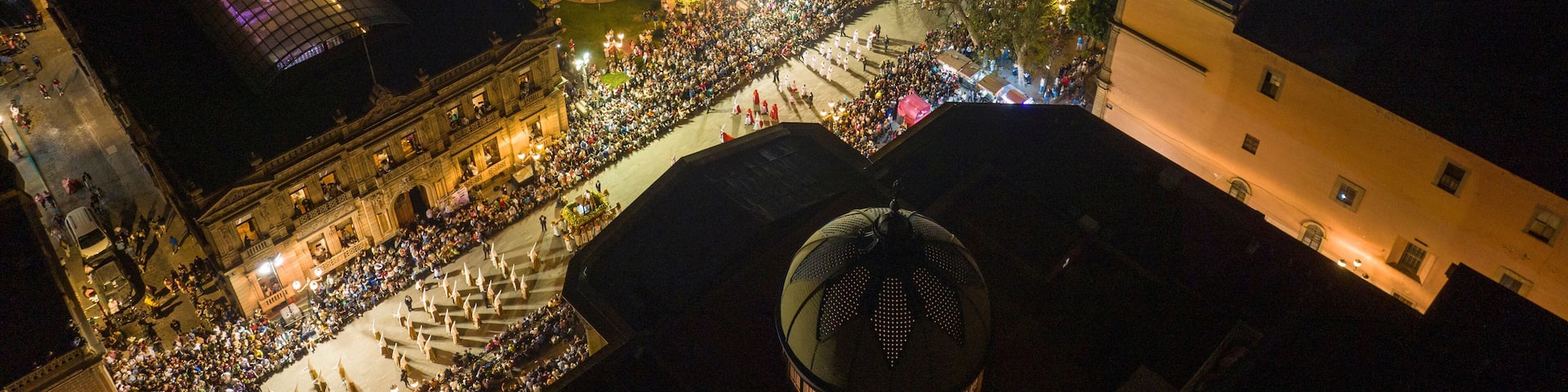 Aerial Drone Images of the Procession of Silence Ceremony in Plaza del Carmen, San Luis Potosí, During Holy Week