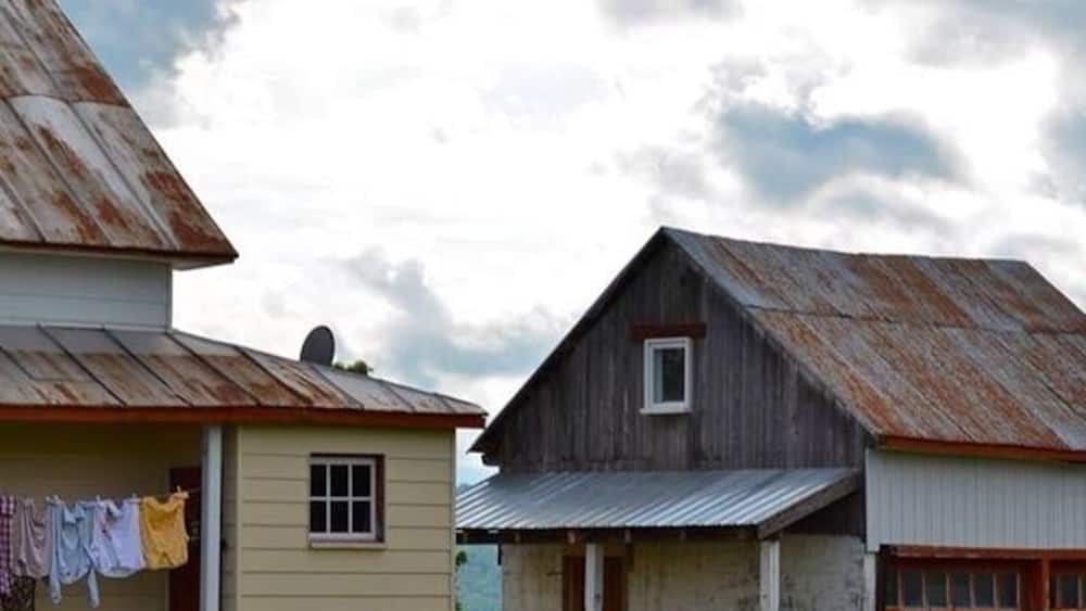 A rustic wooden house with a porch and a small shed.