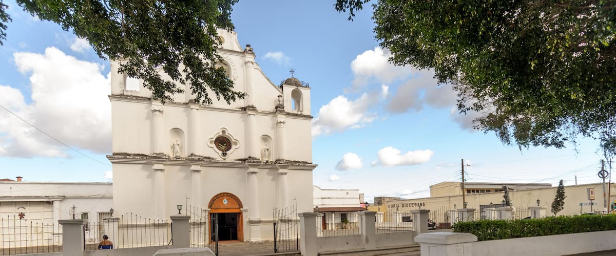 Beautiful view of the Diocese of San Francisco de Asis, in the city of Jutiapa, Guatemala. Warm colors of the urban landscape during sunset.