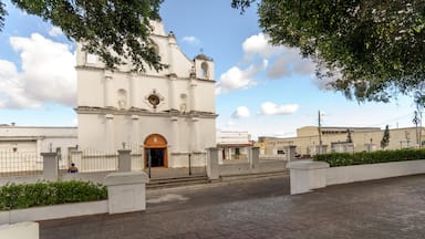 Beautiful view of the Diocese of San Francisco de Asis, in the city of Jutiapa, Guatemala. Warm colors of the urban landscape during sunset.