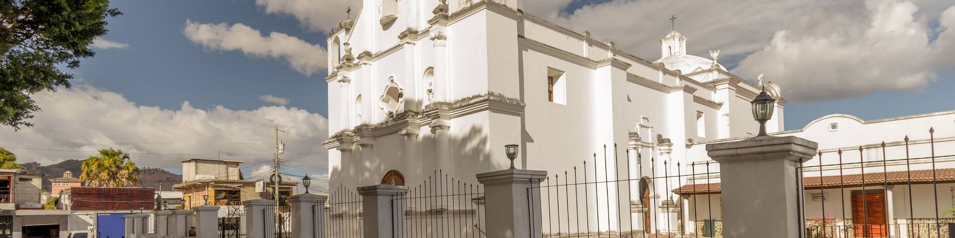 Beautiful view of the Diocese of San Francisco de Asis, in the city of Jutiapa, Guatemala. Warm colors of the urban landscape during sunset.