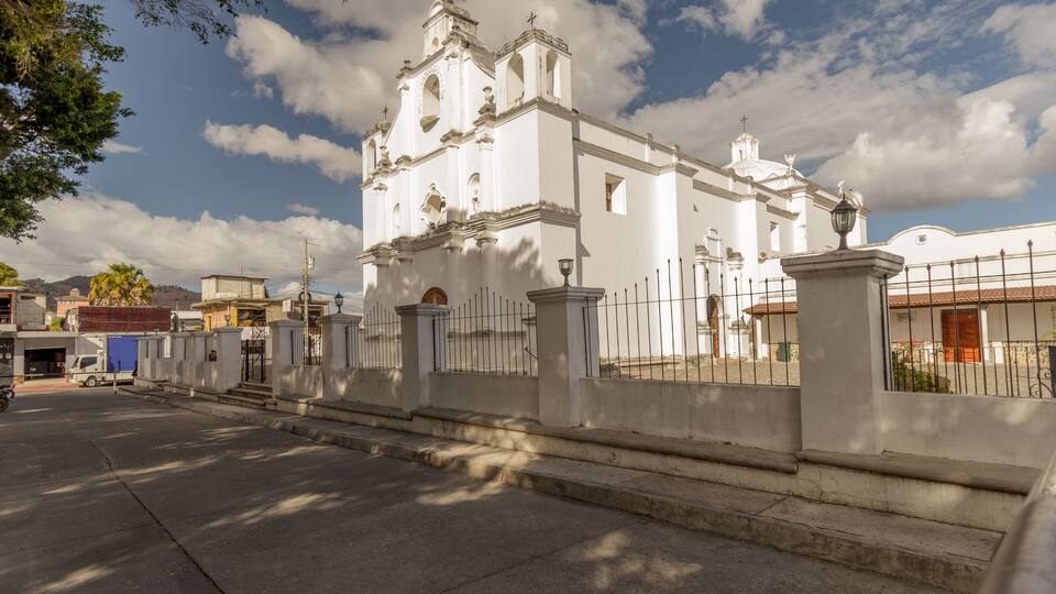 Beautiful view of the Diocese of San Francisco de Asis, in the city of Jutiapa, Guatemala. Warm colors of the urban landscape during sunset.