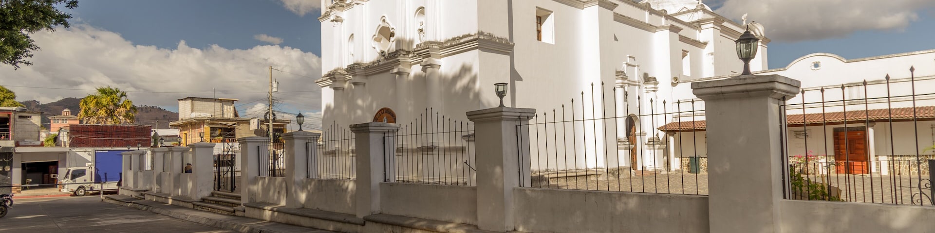 Beautiful view of the Diocese of San Francisco de Asis, in the city of Jutiapa, Guatemala. Warm colors of the urban landscape during sunset.