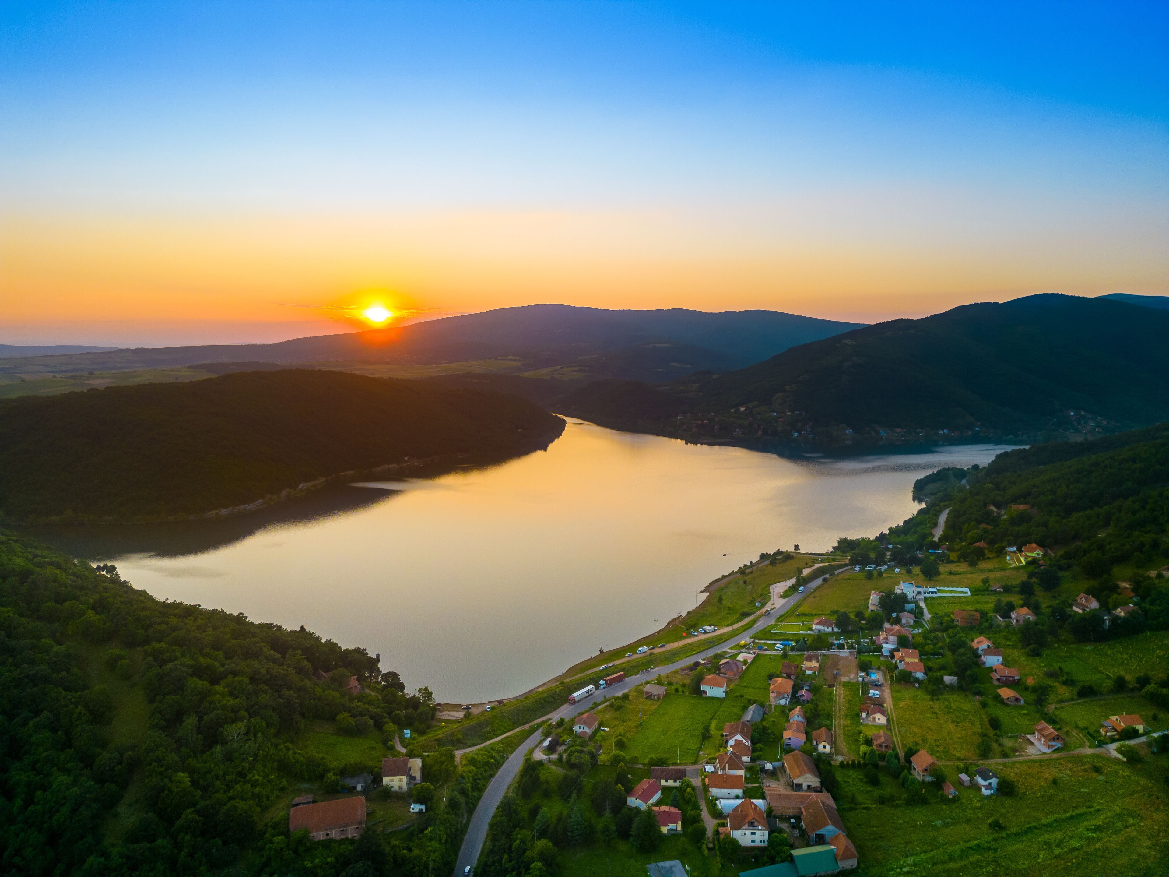 Bovan lake at sunset. Amazing sunset aerial landscape view of Bovan lake located between Sokobanja and Aleksinac, Serbia.
