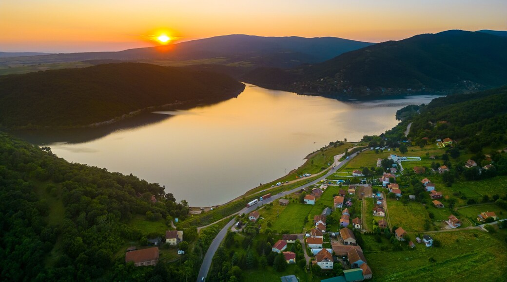 Bovan lake at sunset. Amazing sunset aerial landscape view of Bovan lake located between Sokobanja and Aleksinac, Serbia.