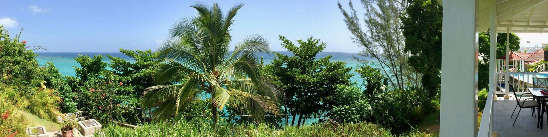 Luxurious tropical resort (hotel) with blue sky, white patio, lush green palm trees & blue ocean in Boscobell near Oracabessa (James Bond beach) on the Caribbean island of Jamaica in the West Indies