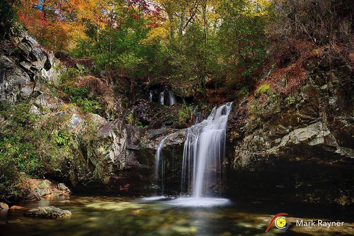 A waterfall in a forested area with autumn foliage.