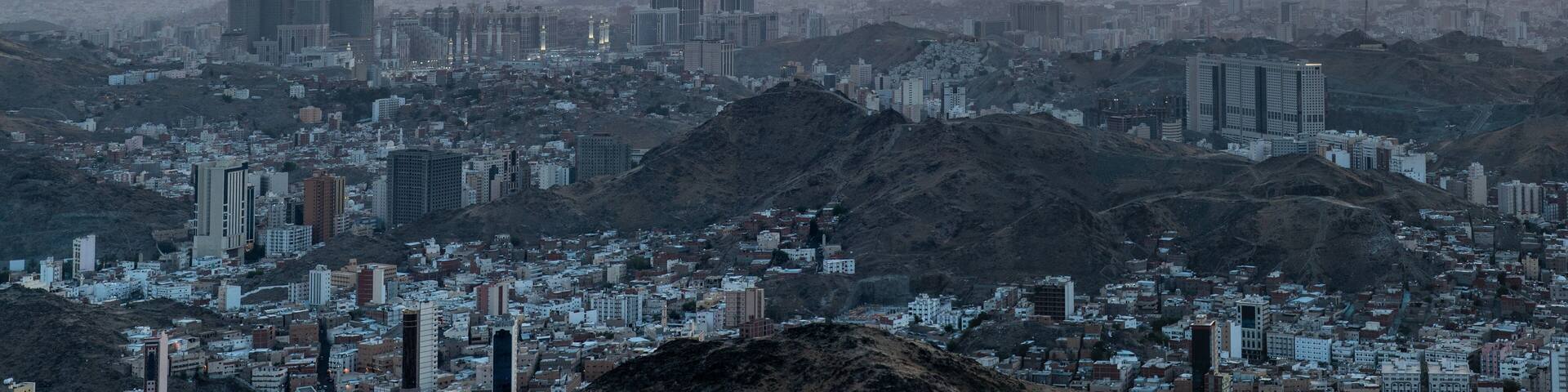Panoramic view of Holy city of Makkah in Saudi Arabia at sunset time