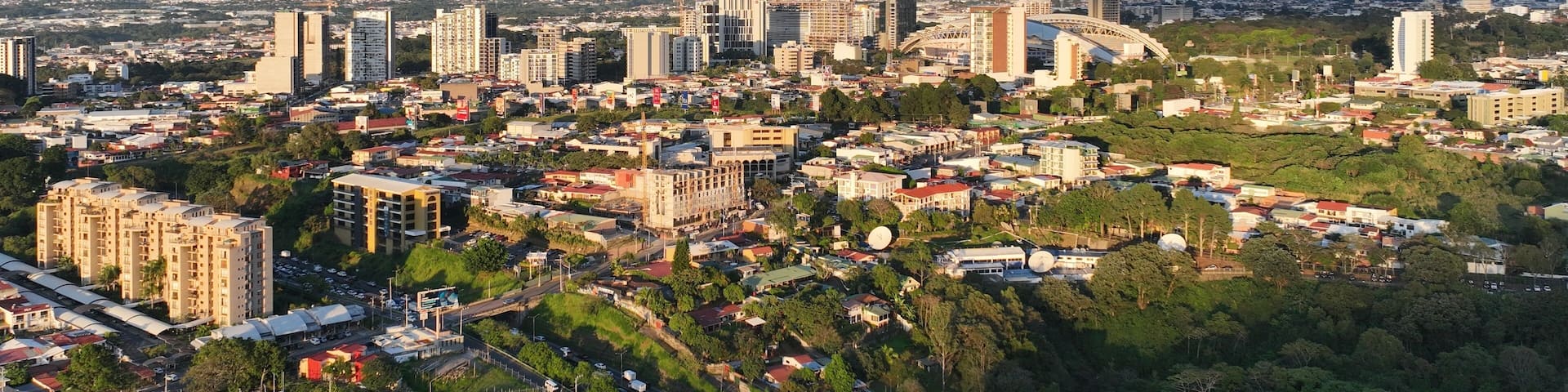Aerial view of La Sabana Park, Costa Rica National Stadium and San Jose, Costa Rica Skyline