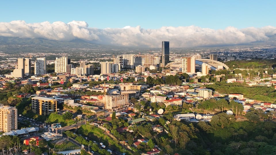 Aerial view of La Sabana Park, Costa Rica National Stadium and San Jose, Costa Rica Skyline