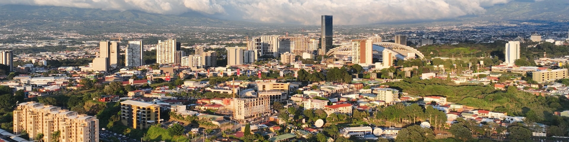 Aerial view of La Sabana Park, Costa Rica National Stadium and San Jose, Costa Rica Skyline