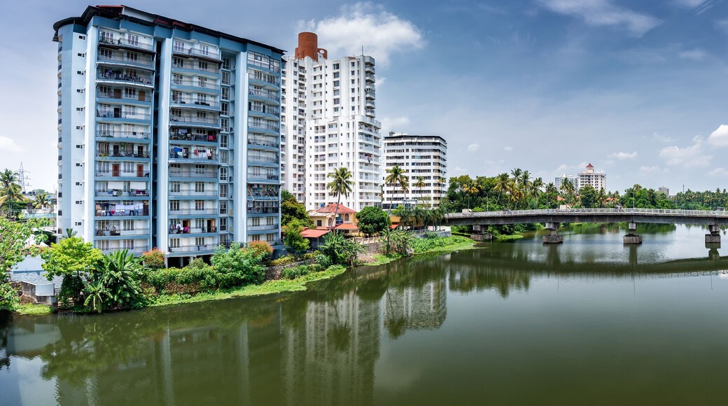 Panoramic river view and cityscapes of Kerala, India.