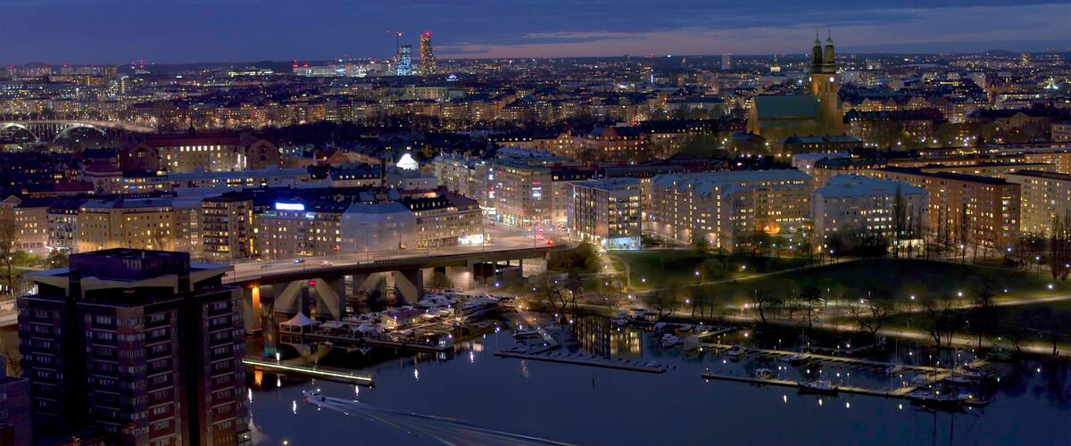 The beautiful area of Liljeholmskajen during sunset in central Stockholm, Sweden