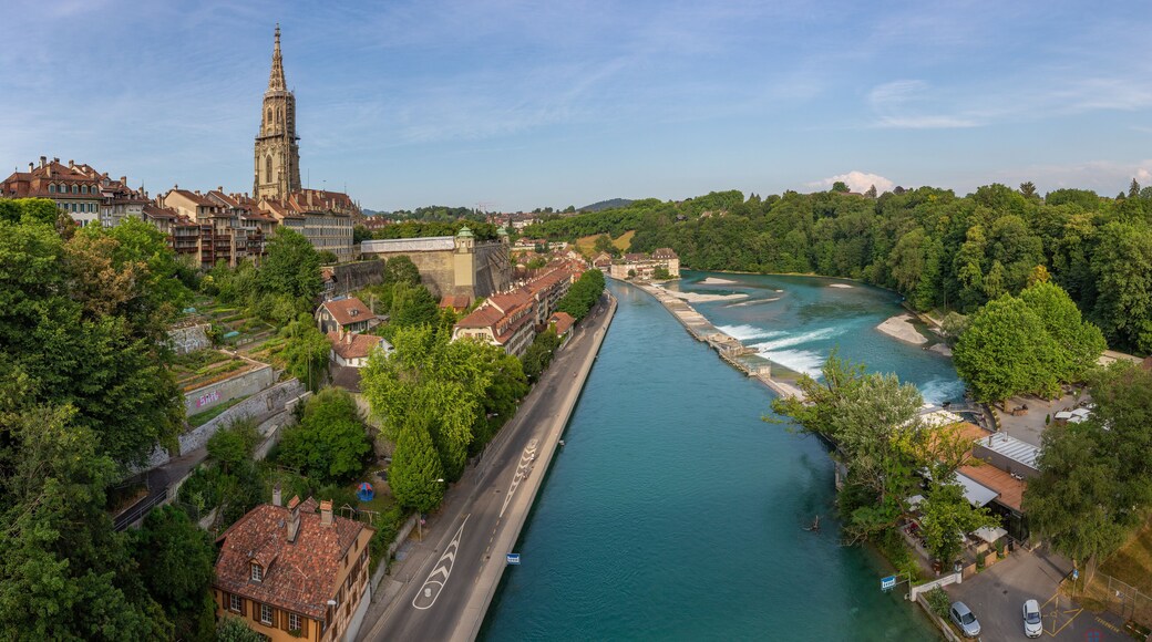 View of the river Aare from the Kirchenfeldbrucke bridge in Bern Switzerland..