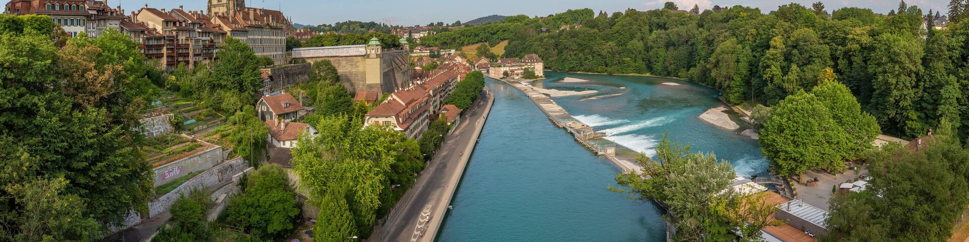View of the river Aare from the Kirchenfeldbrucke bridge in Bern Switzerland..