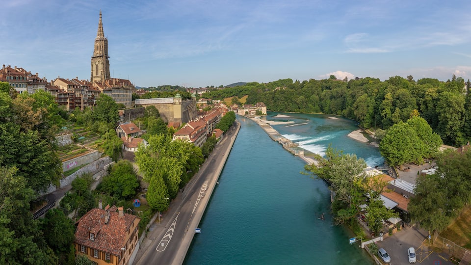 View of the river Aare from the Kirchenfeldbrucke bridge in Bern Switzerland..