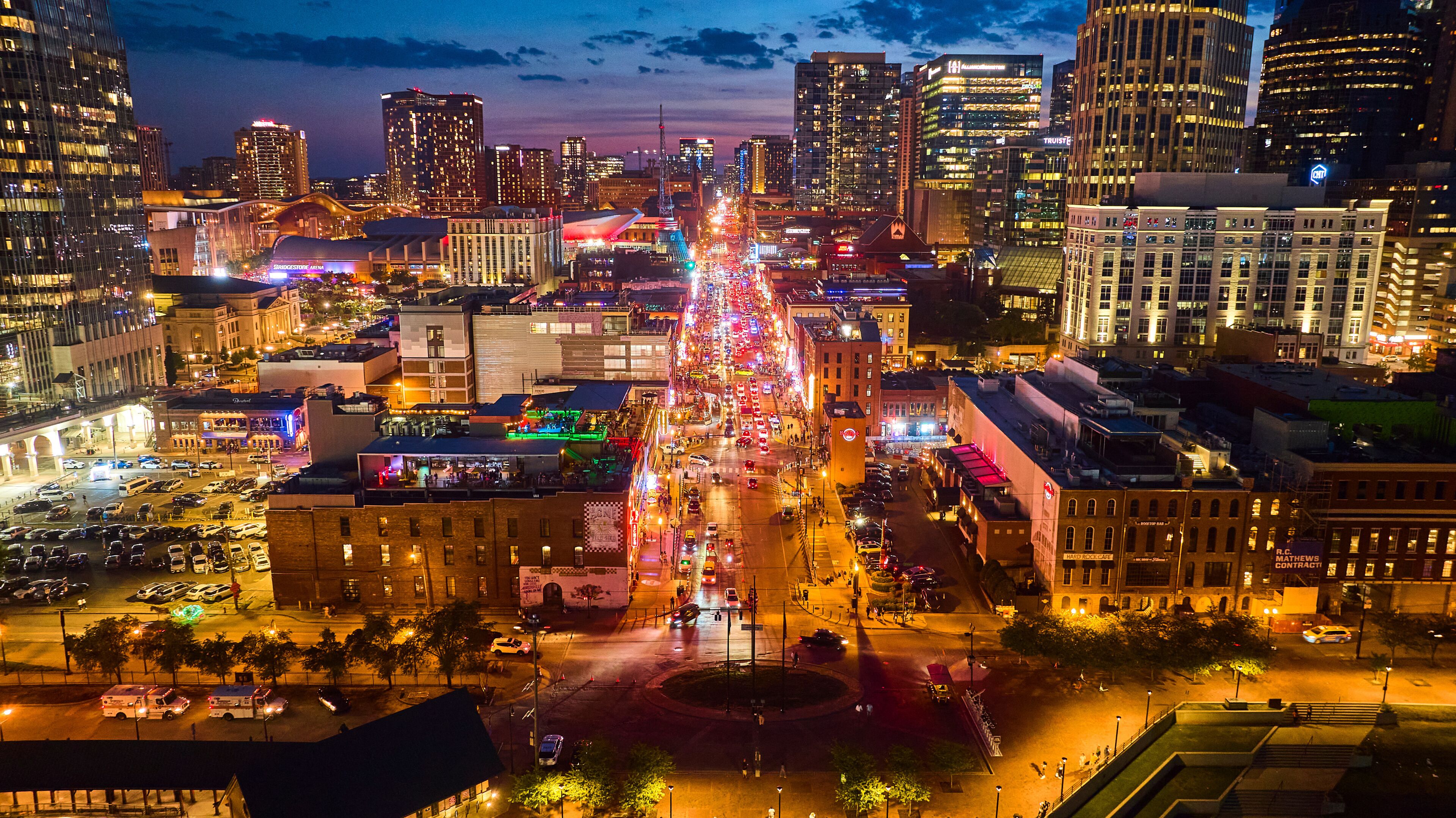 Aerial View of Nashville Nightlife on Broadway Street