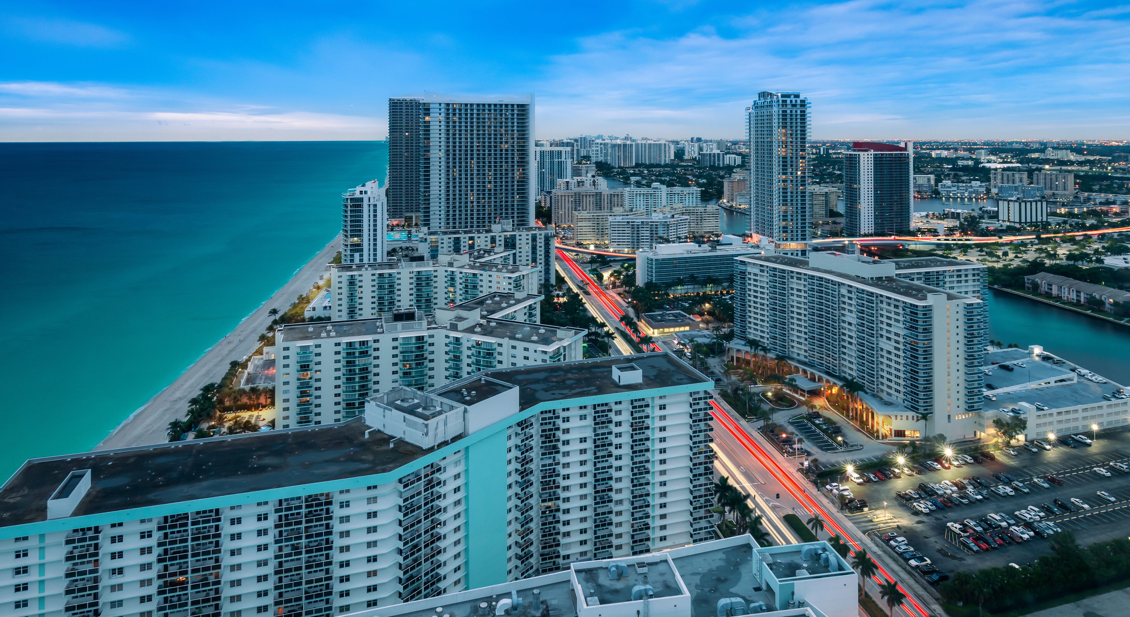 Aerial cityscape view of Hollywood Florida at dusk.