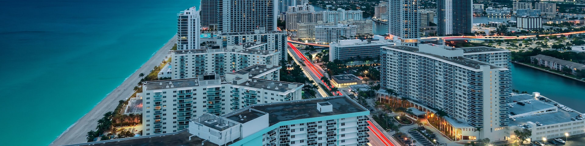 Aerial cityscape view of Hollywood Florida at dusk.