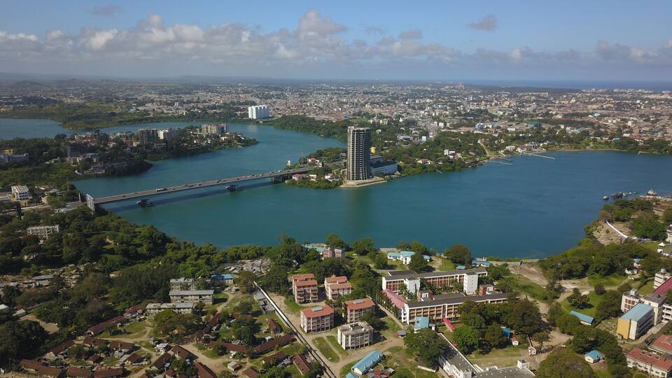 Mombasa Island as seen from the aerial view. The New Nyali bridge and Tudor Creek is visible