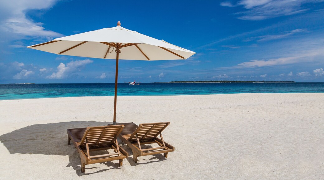 Sonnenschirm und Liegen am Strand Atoll Insel Malediven