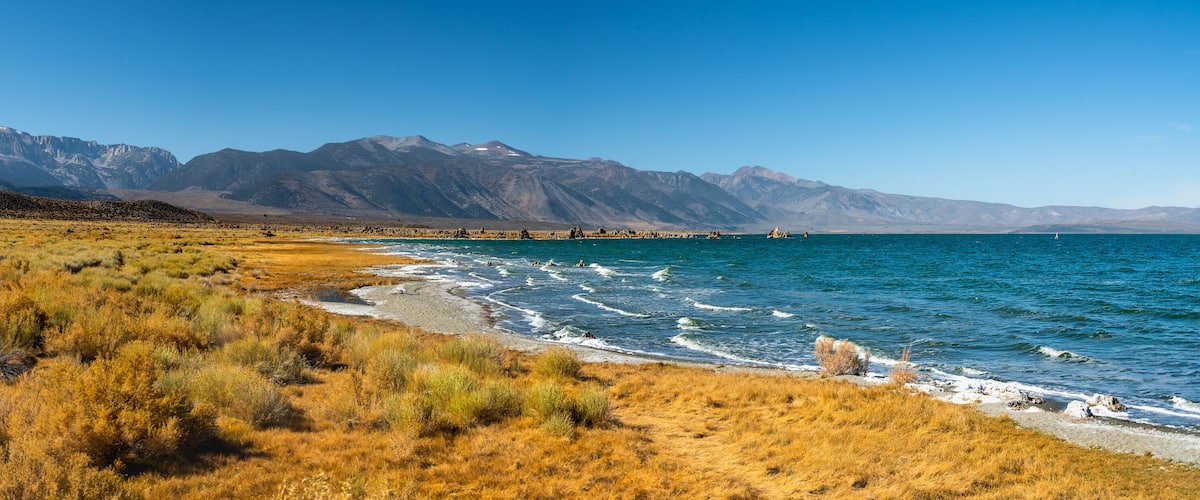 A coastal landscape with dry grass, a beach, and mountains in the background.