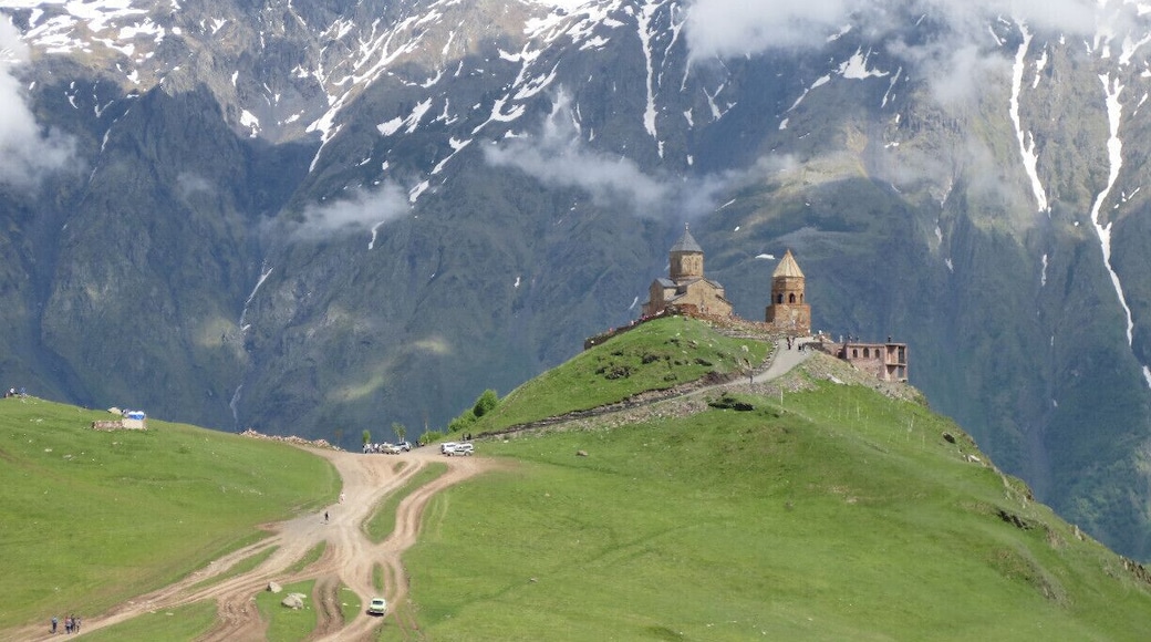 View of the Gergeti Trinity Church, located in the Kazbegi region of the country of Georgia.