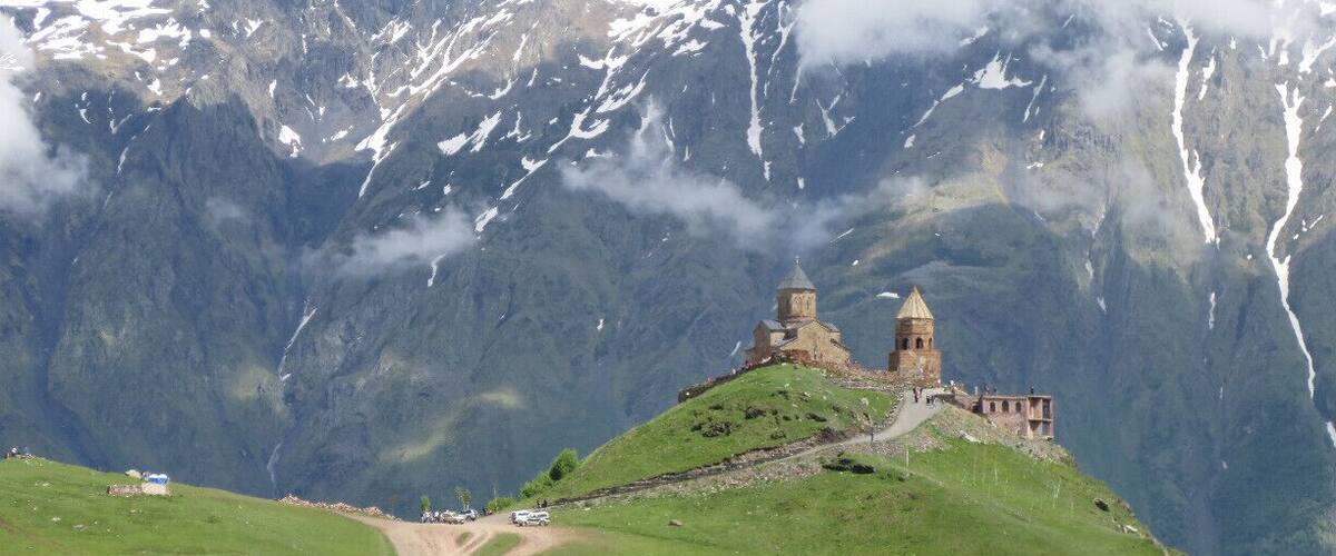 View of the Gergeti Trinity Church, located in the Kazbegi region of the country of Georgia.