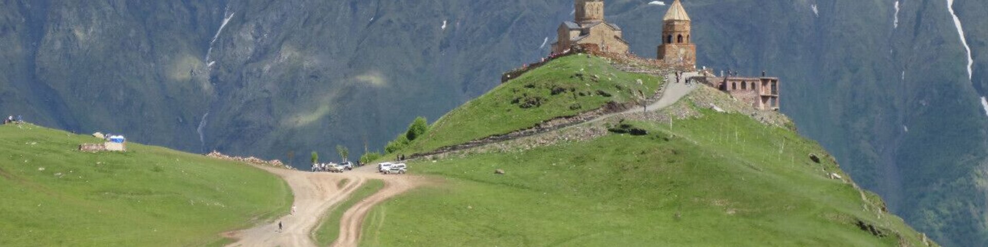 View of the Gergeti Trinity Church, located in the Kazbegi region of the country of Georgia.