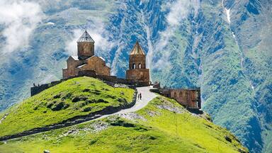 Gergeti Trinity Church (Tsminda Sameba), Holy Trinity Church near the village of Gergeti in Georgia, under Mount Kazbegi