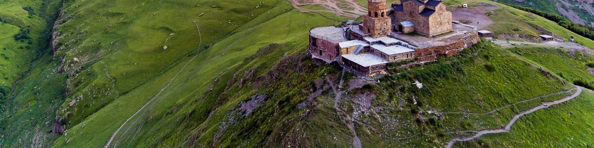 Gergeti Trinity Church Or Tsminda Sameba - Holy Trinity Church Near Village Of Gergeti In Georgia.