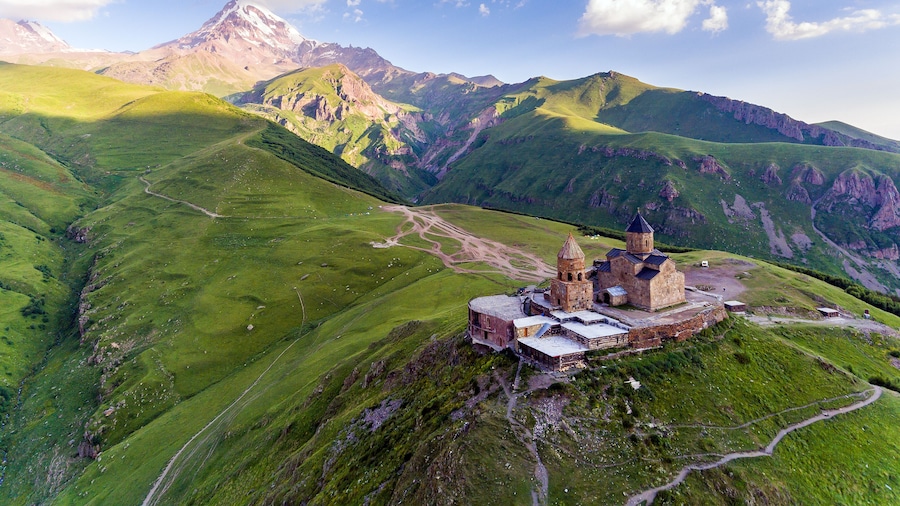 Gergeti Trinity Church Or Tsminda Sameba - Holy Trinity Church Near Village Of Gergeti In Georgia.