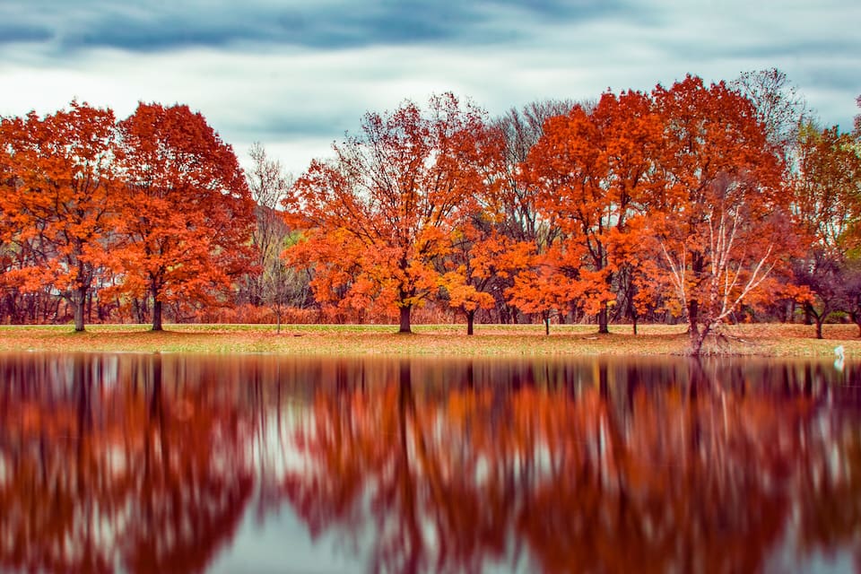 Un lago circondato da alberi autunnali con foglie rosse e arancioni.