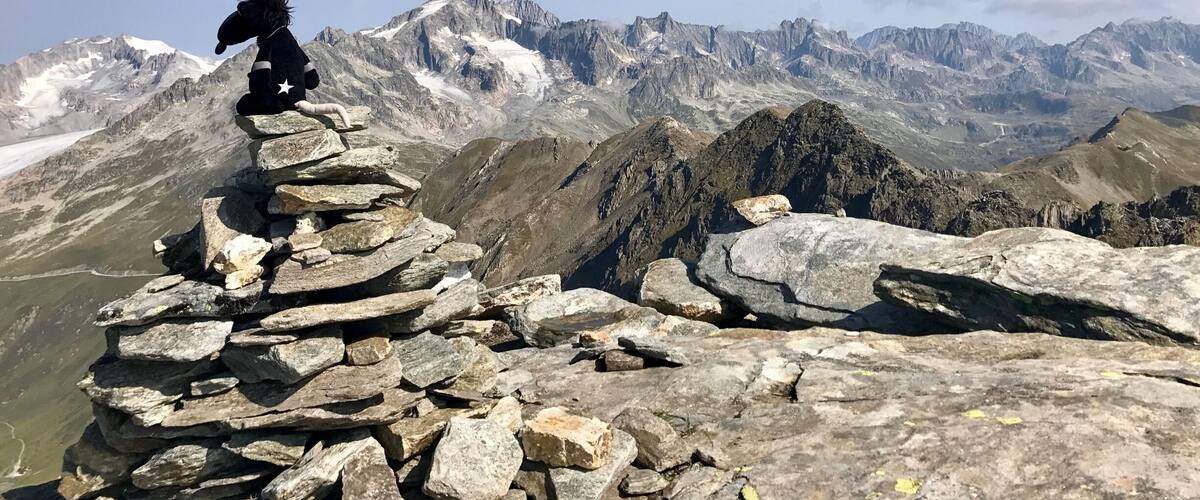 A person in a horse costume sitting on a stone cairn with a mountain range in the background.