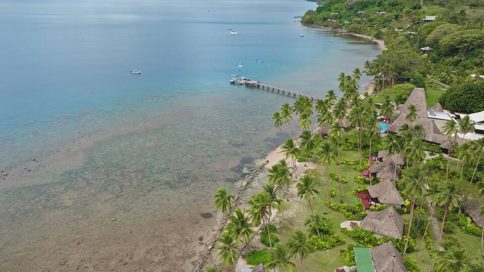 A tropical beach with clear waters, palm trees, and a pier extending into the sea.