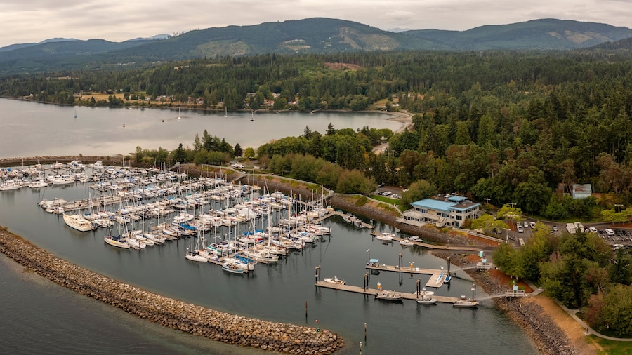 Aerial View of John Wayne Marina, Sequim, Washington. Sits on land donated by the famous actor’s family in recognition of his vision of a marina in the scenic Sequim Bay.