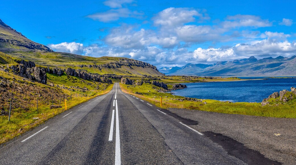 Ring road 1 in Eastern Iceland with the panoramic view at Stodvar Fjord at right.