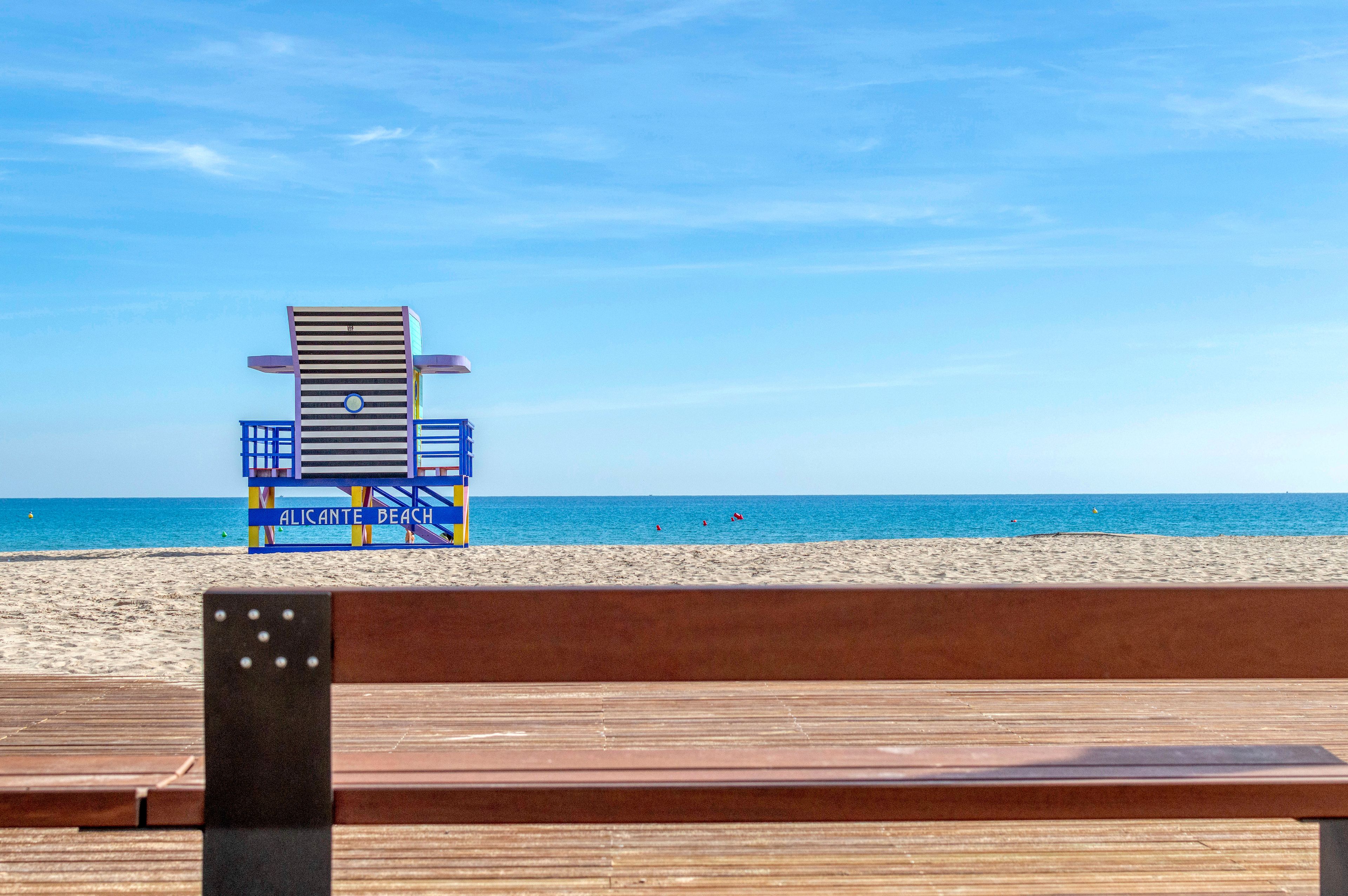 View of San Juan beach with a wooden lifeguard station, Alicante, Spain, Europe