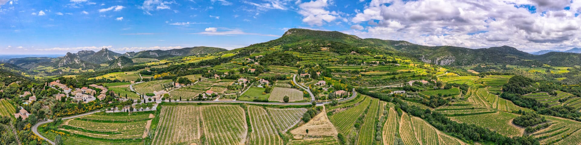 Aerial panoramic view of the vineyard in the Côtes du Rhône at the base of the Mont Ventoux beside les Dentelles de Montmirail