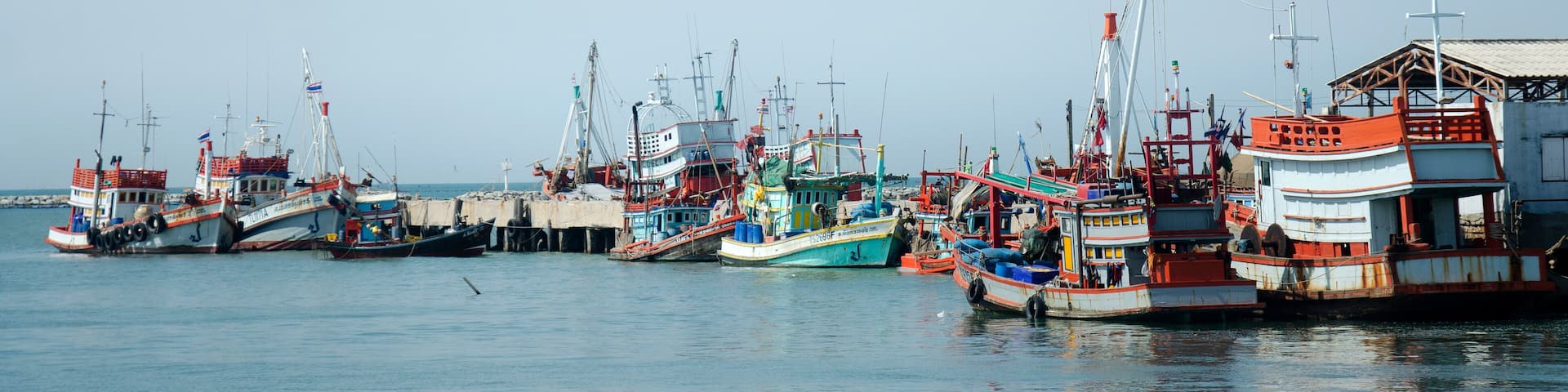 Fishing boat and ship floating in the sea for waiting fishing in night time at Ang Sila in Chonburi, Thailand